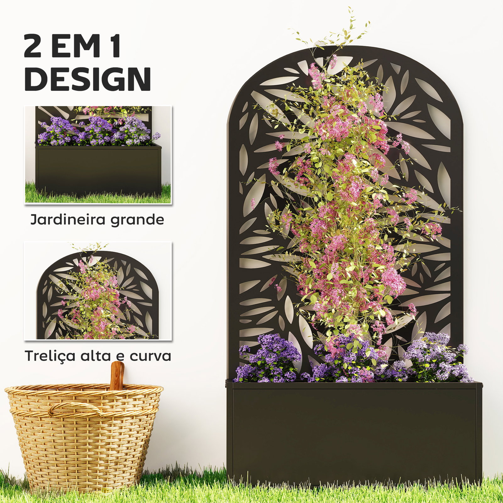 Floreira com painel decorativo curvo de folhas em metal e opção de montagem na parede 61x23x113 cm preto