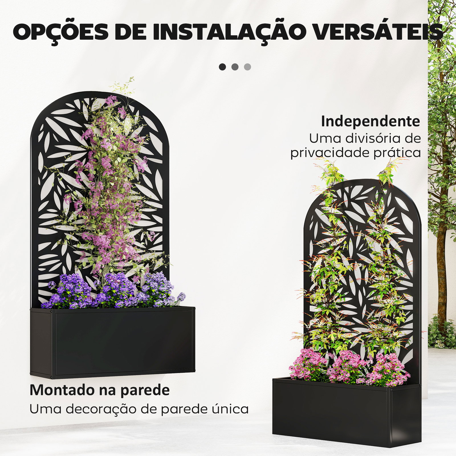 Floreira com painel decorativo curvo de folhas em metal e opção de montagem na parede 61x23x113 cm preto
