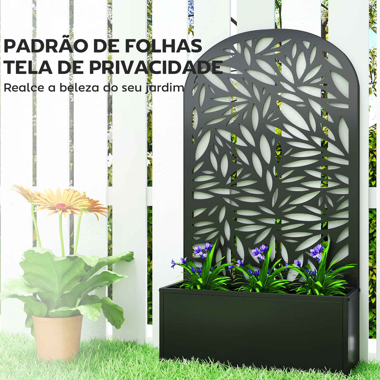 Floreira com painel decorativo curvo de folhas em metal e opção de montagem na parede 61x23x113 cm preto