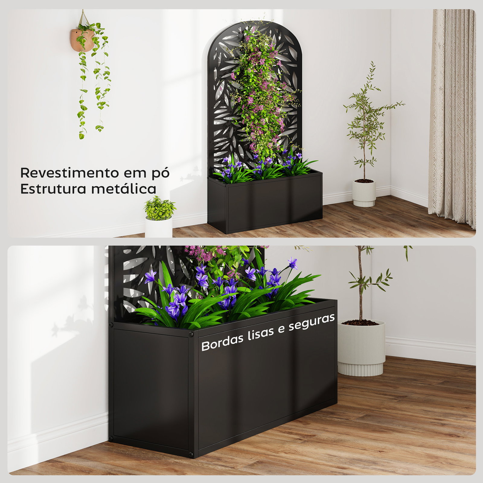 Floreira com painel decorativo curvo de folhas em metal e opção de montagem na parede 61x23x113 cm preto