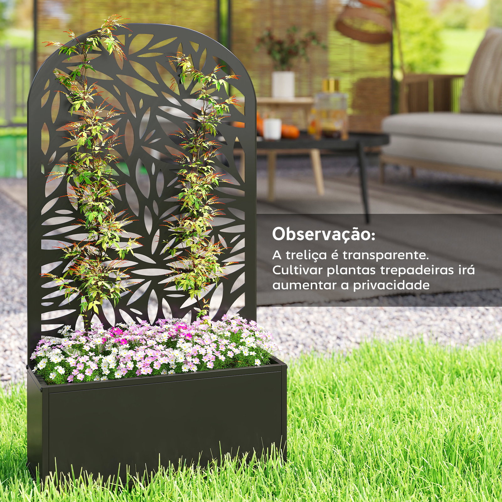 Floreira com painel decorativo curvo de folhas em metal e opção de montagem na parede 61x23x113 cm preto