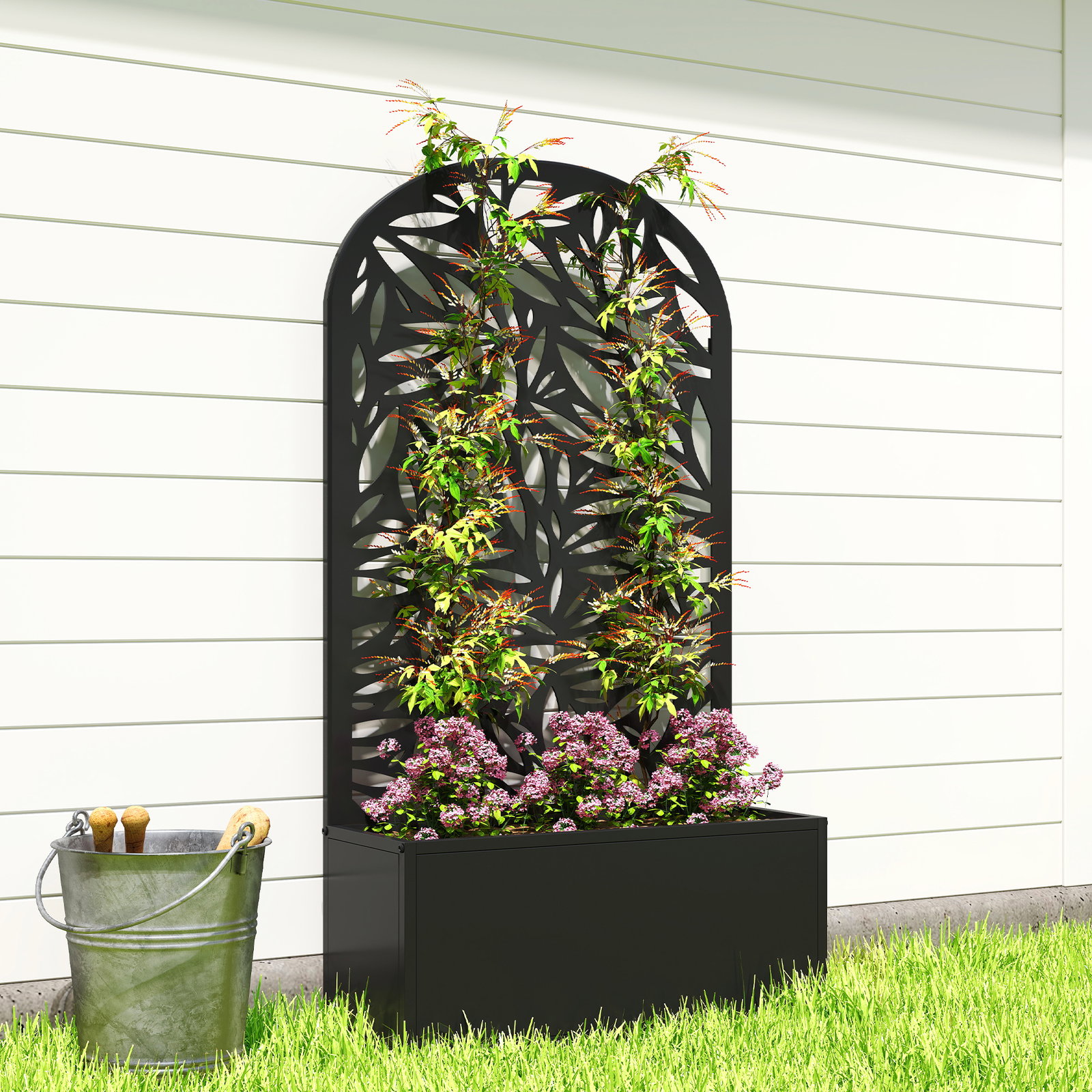Floreira com painel decorativo curvo de folhas em metal e opção de montagem na parede 61x23x113 cm preto