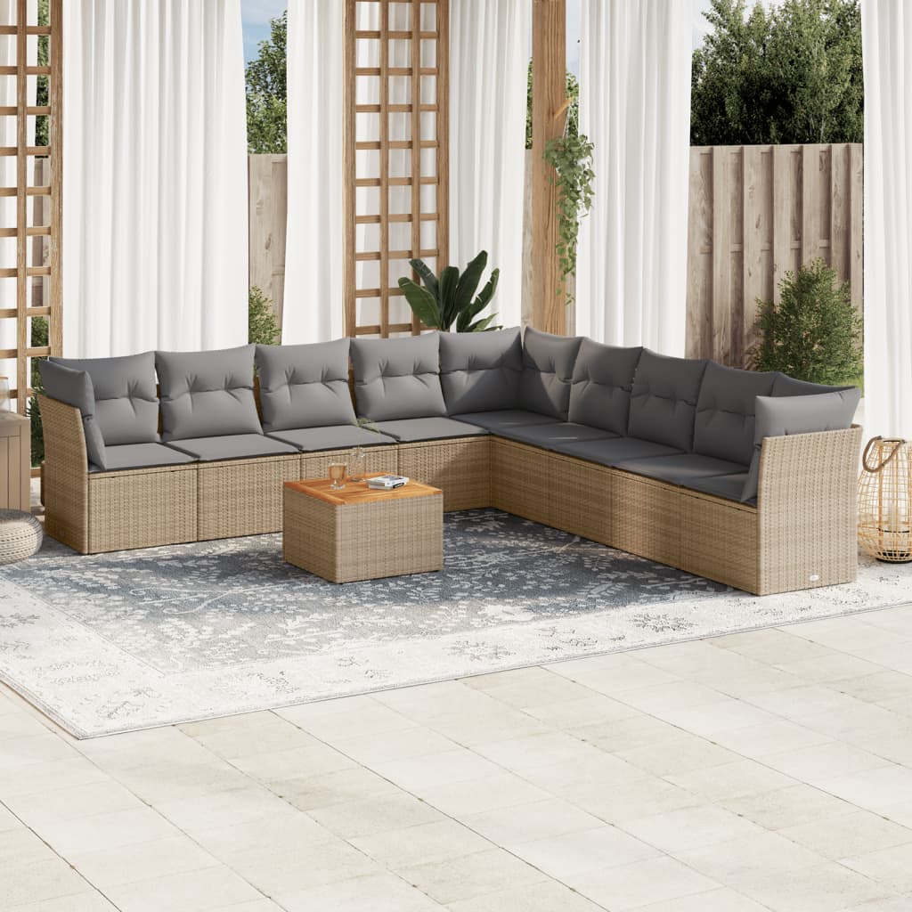 10 Pcs conjunto de sofás p/ jardim com almofadões vime PE bege