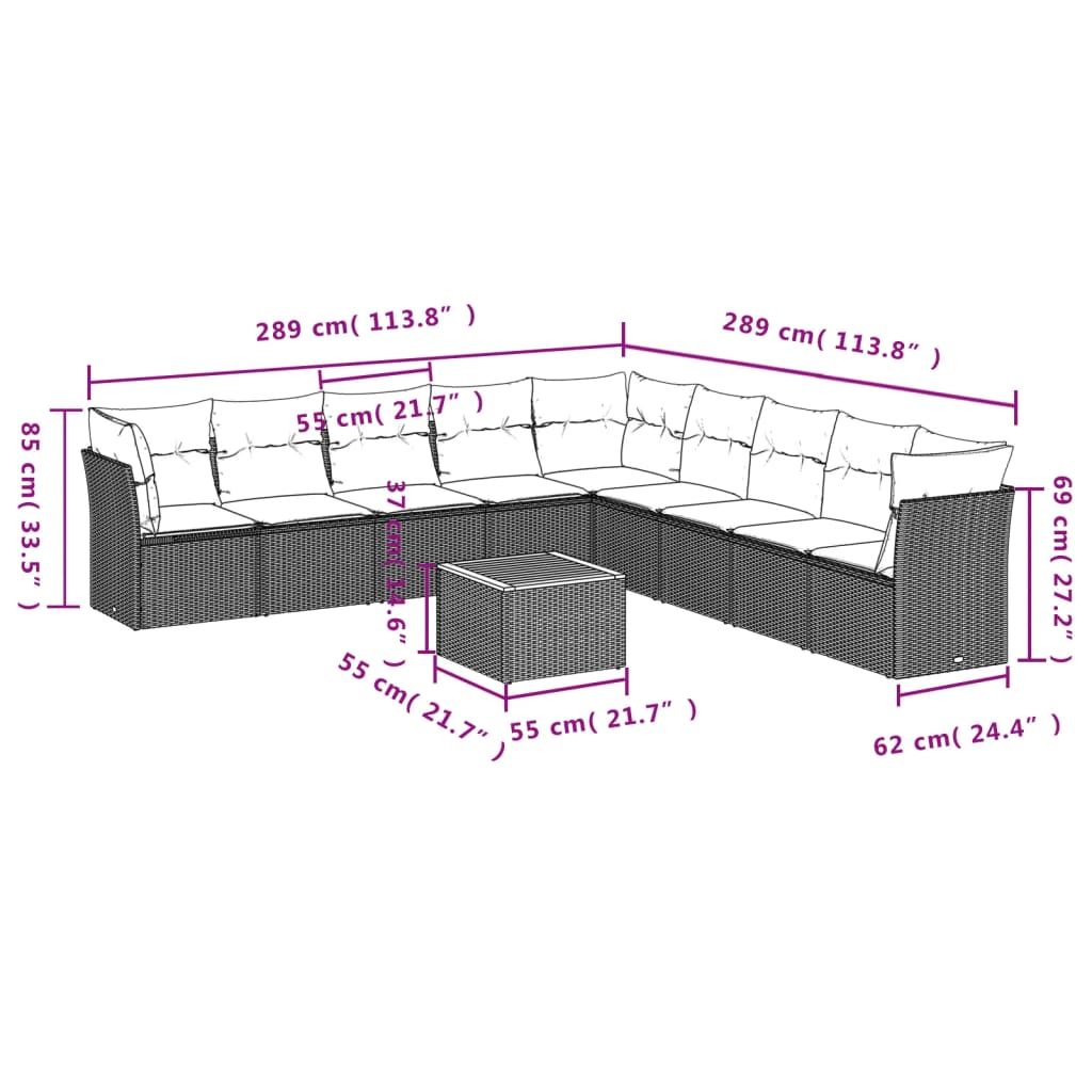 10 Pcs conjunto de sofás p/ jardim com almofadões vime PE bege