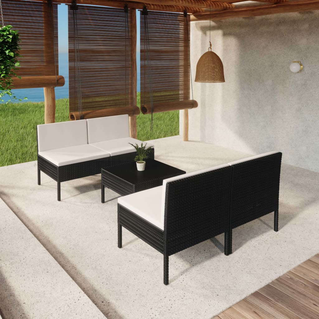 5 Pcs conjunto lounge de jardim c/ almofadões vime PE preto
