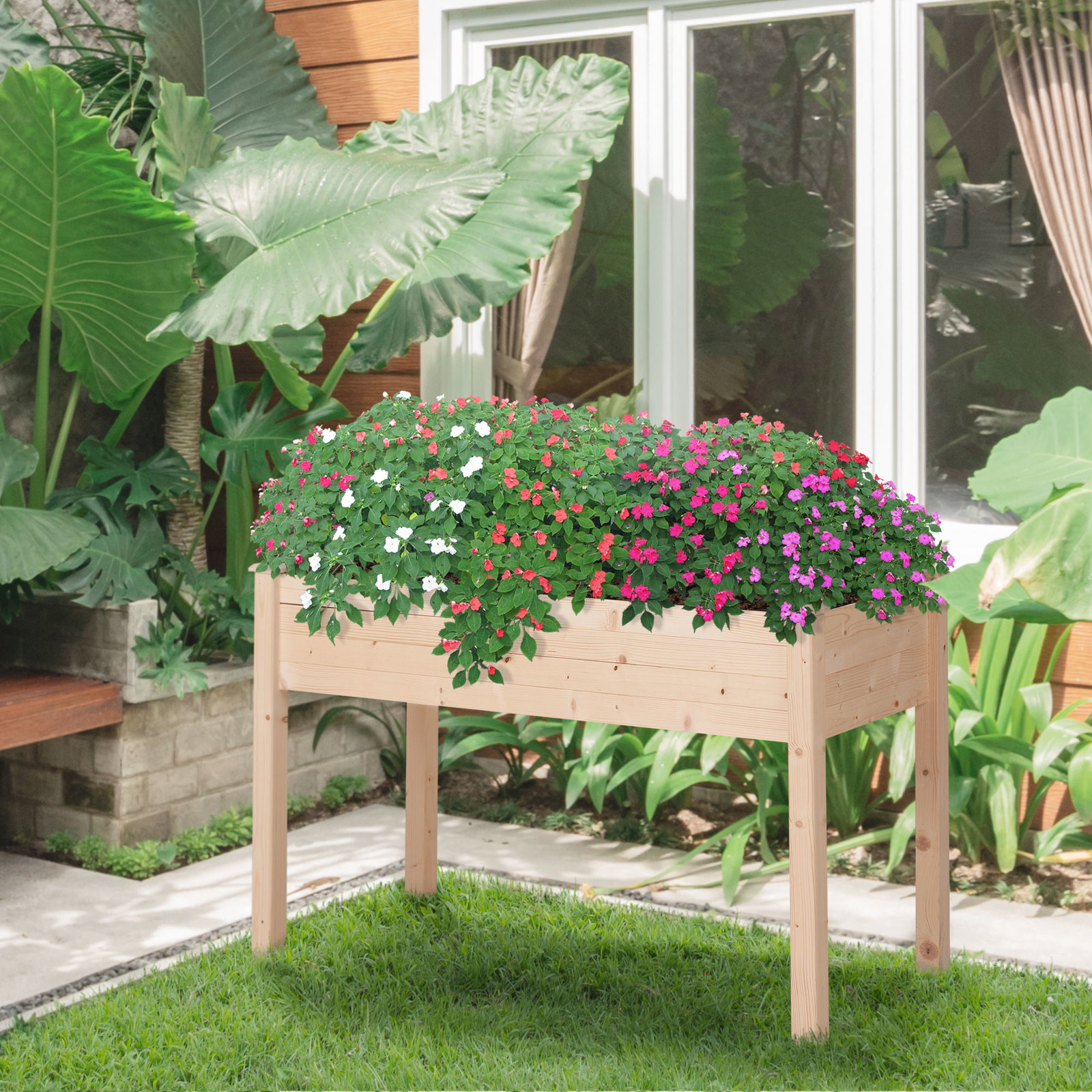 Horta elevada de madeira com tecido não tecido e 4 orifícios de drenagem para cultivo 122,5x56,5x76cm madeira