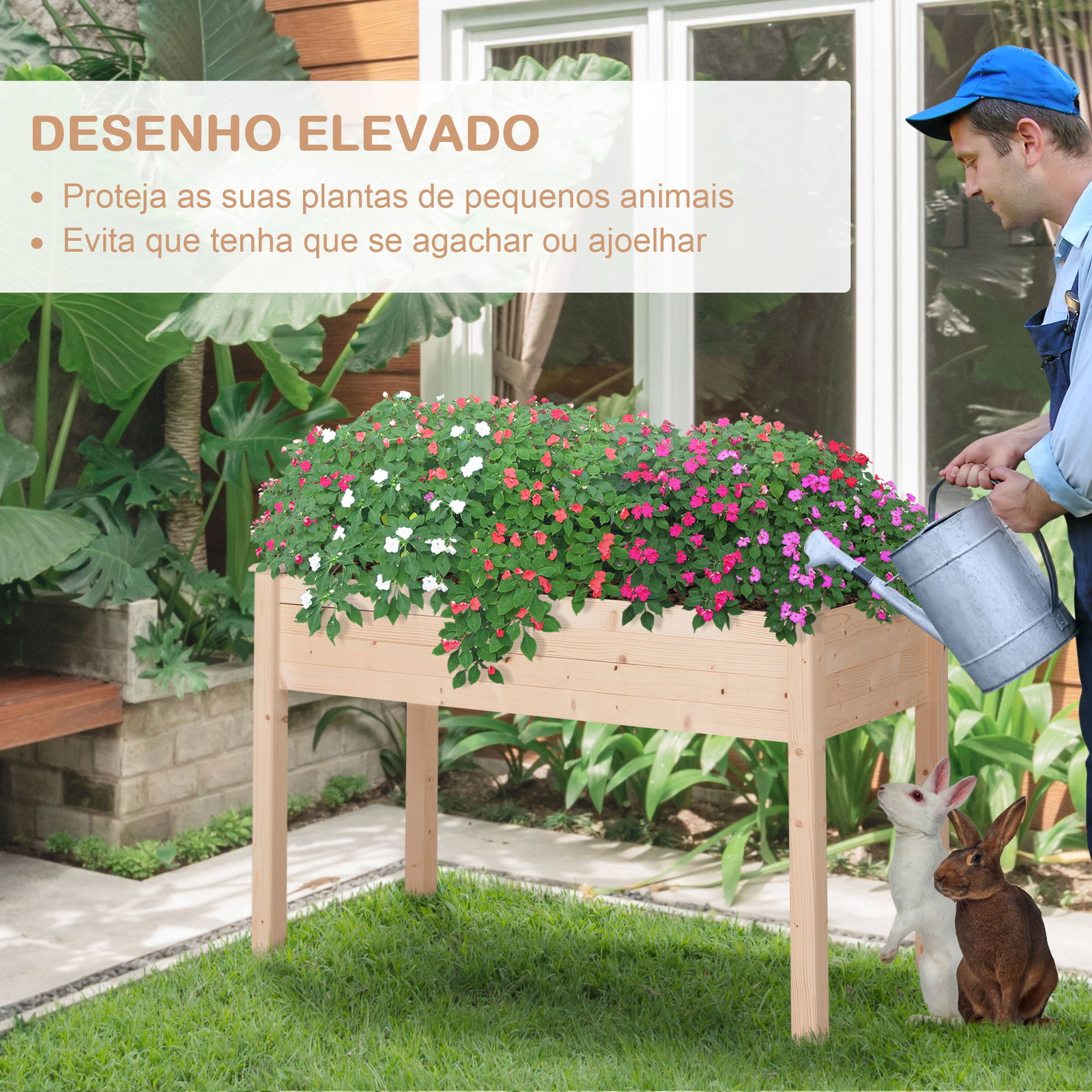 Horta elevada de madeira com tecido não tecido e 4 orifícios de drenagem para cultivo 122,5x56,5x76cm madeira