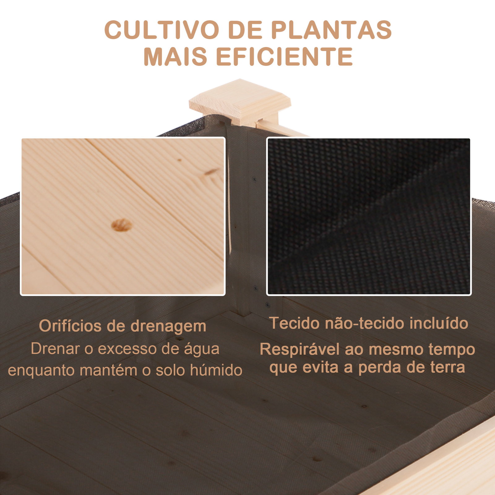 Horta elevada de madeira com tecido não tecido e 4 orifícios de drenagem para cultivo 122,5x56,5x76cm madeira