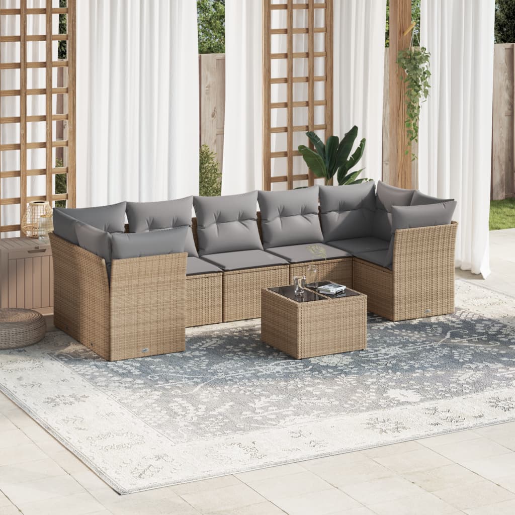8 Pcs conjunto de sofás p/ jardim com almofadões vime PE bege