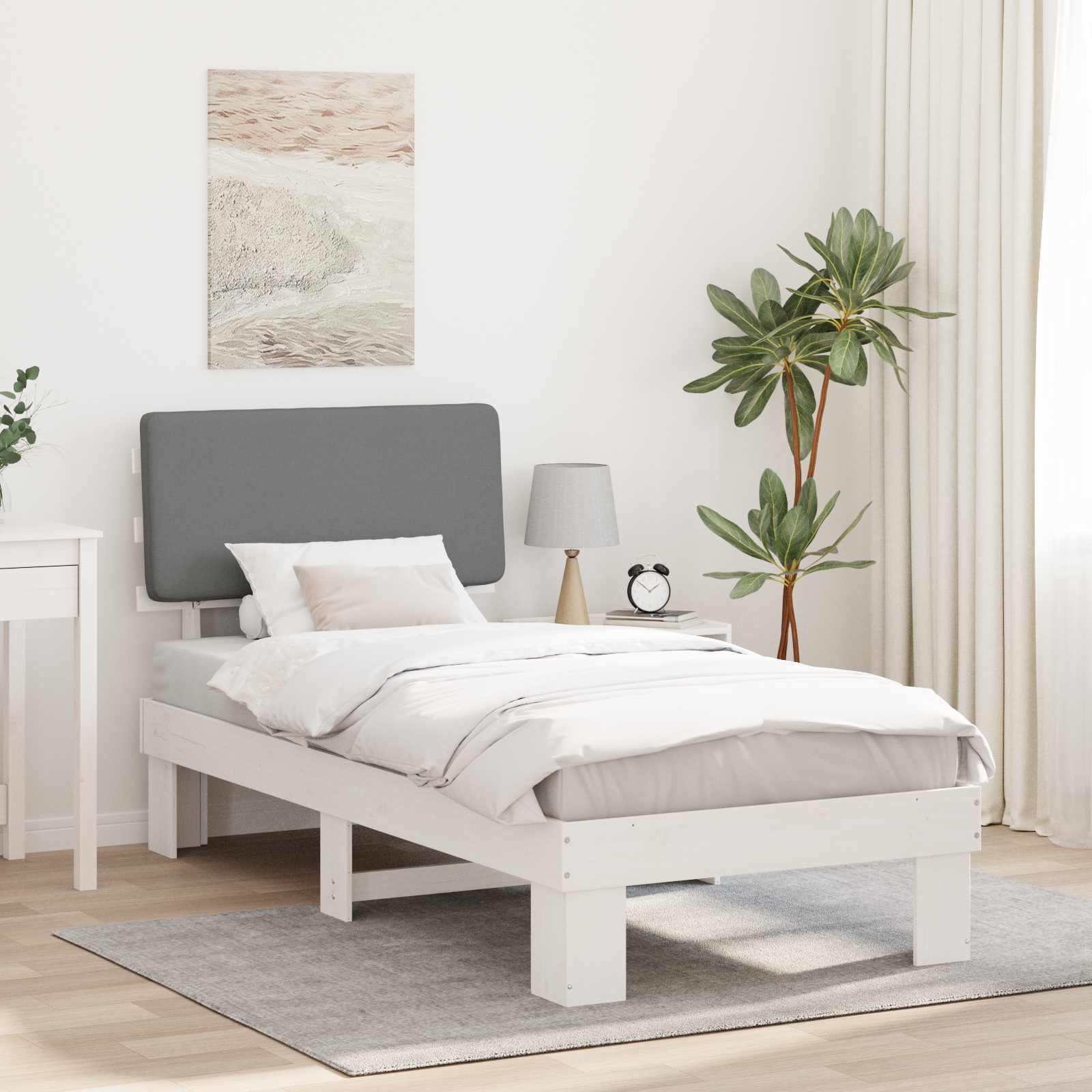 Estrutura de cama com cabeceira estofada cinzento-claro