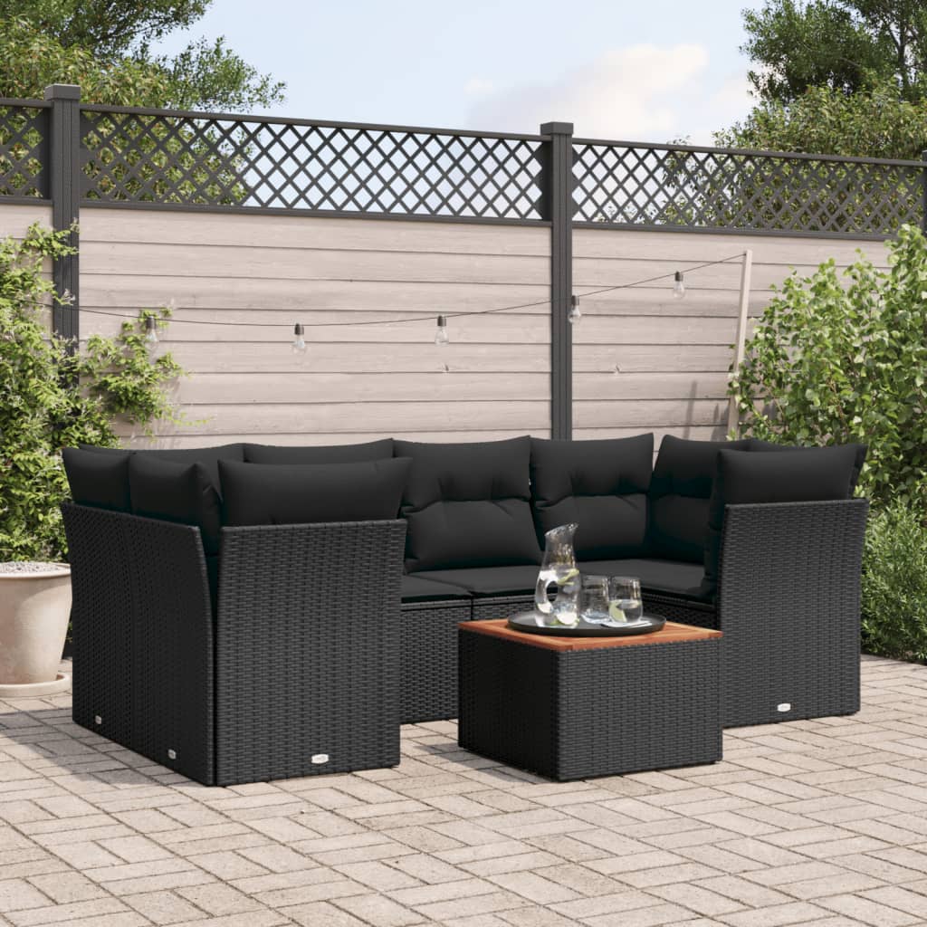 7 Pcs conjunto de sofás p/ jardim c/ almofadões vime PE preto