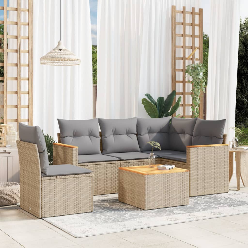 6 Pcs conjunto de sofás p/ jardim com almofadões vime PE bege