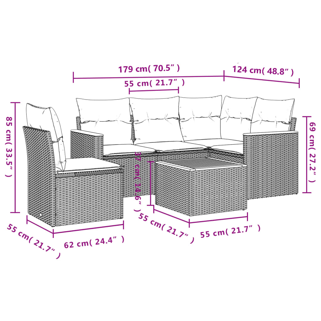 6 Pcs conjunto de sofás p/ jardim com almofadões vime PE bege
