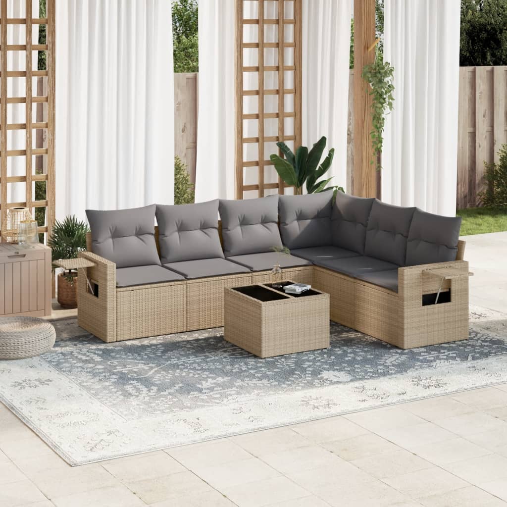 7 Pcs conjunto de sofás p/ jardim com almofadões vime PE bege