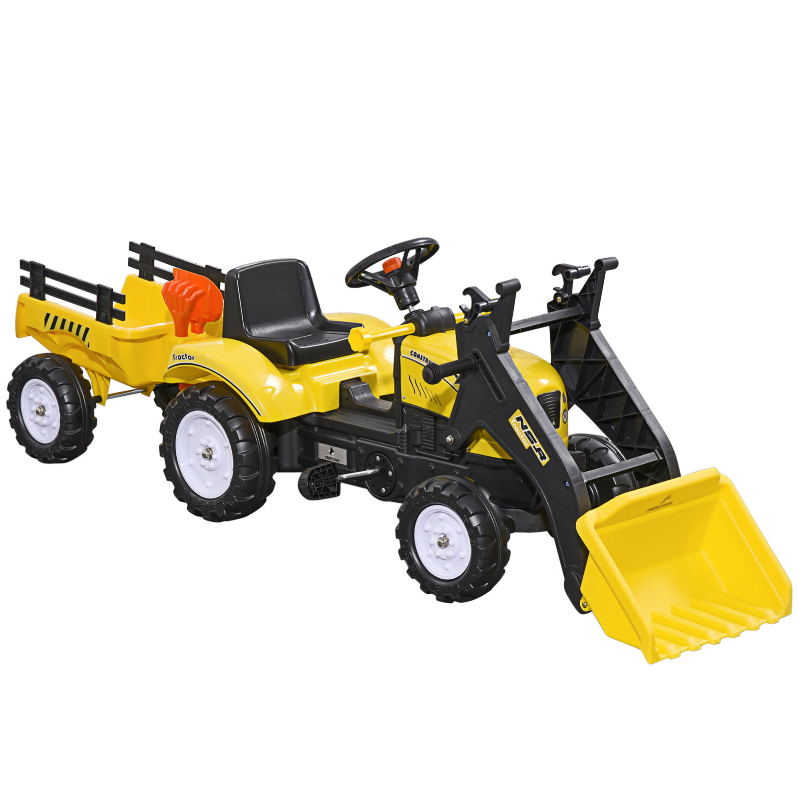 Trator a pedais para crianças acima de 3 anos trator infantil com reboque e pá escavadora 167x41x52 cm amarelo e preto