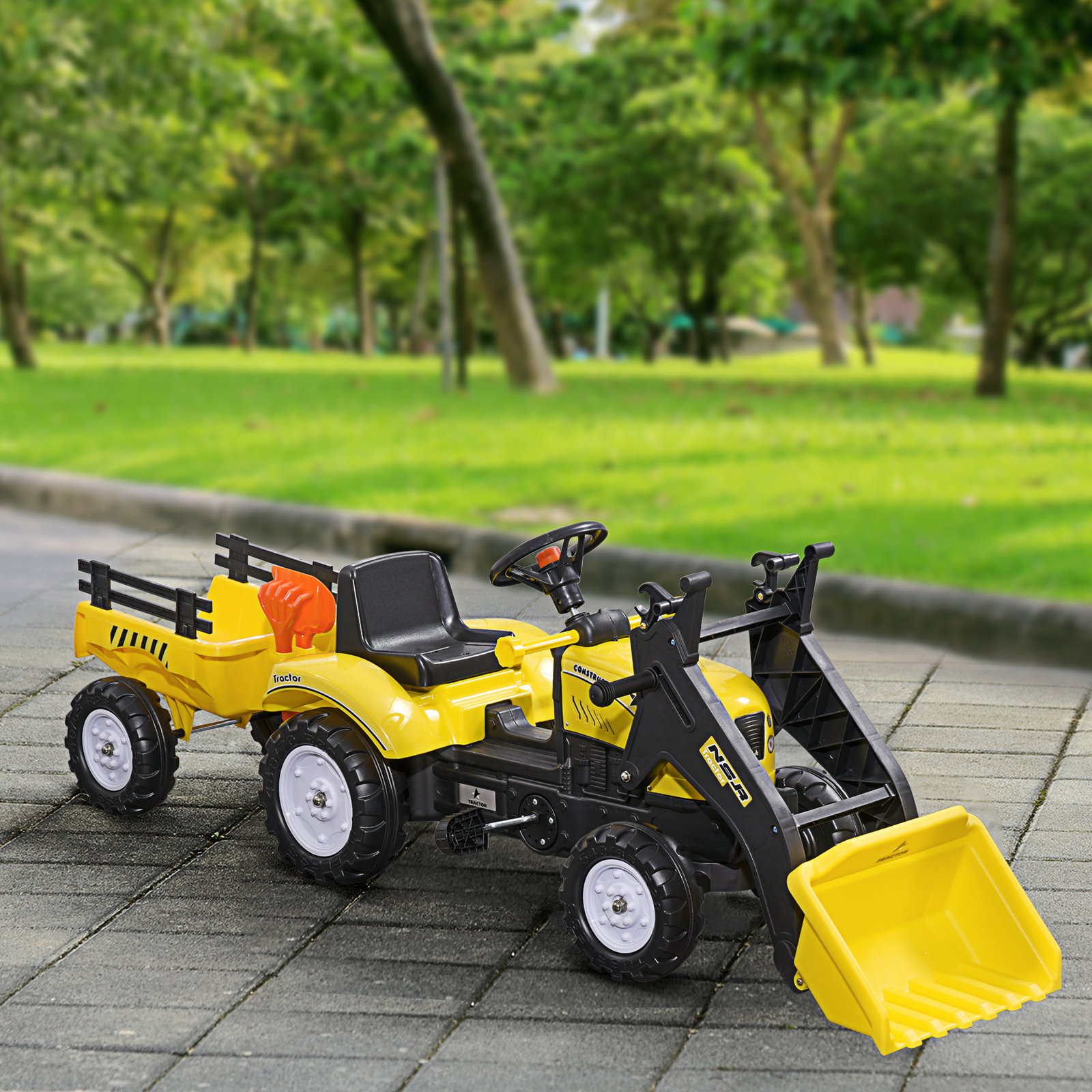 Trator a pedais para crianças acima de 3 anos trator infantil com reboque e pá escavadora 167x41x52 cm amarelo e preto