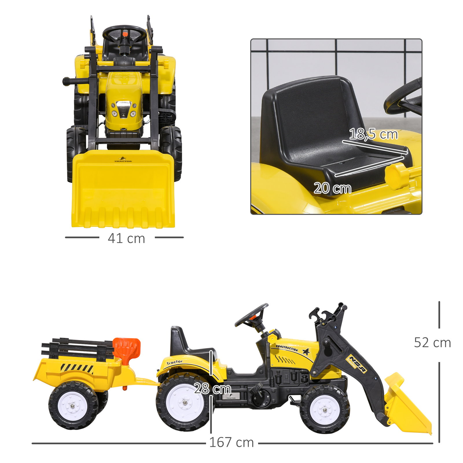 Trator a pedais para crianças acima de 3 anos trator infantil com reboque e pá escavadora 167x41x52 cm amarelo e preto