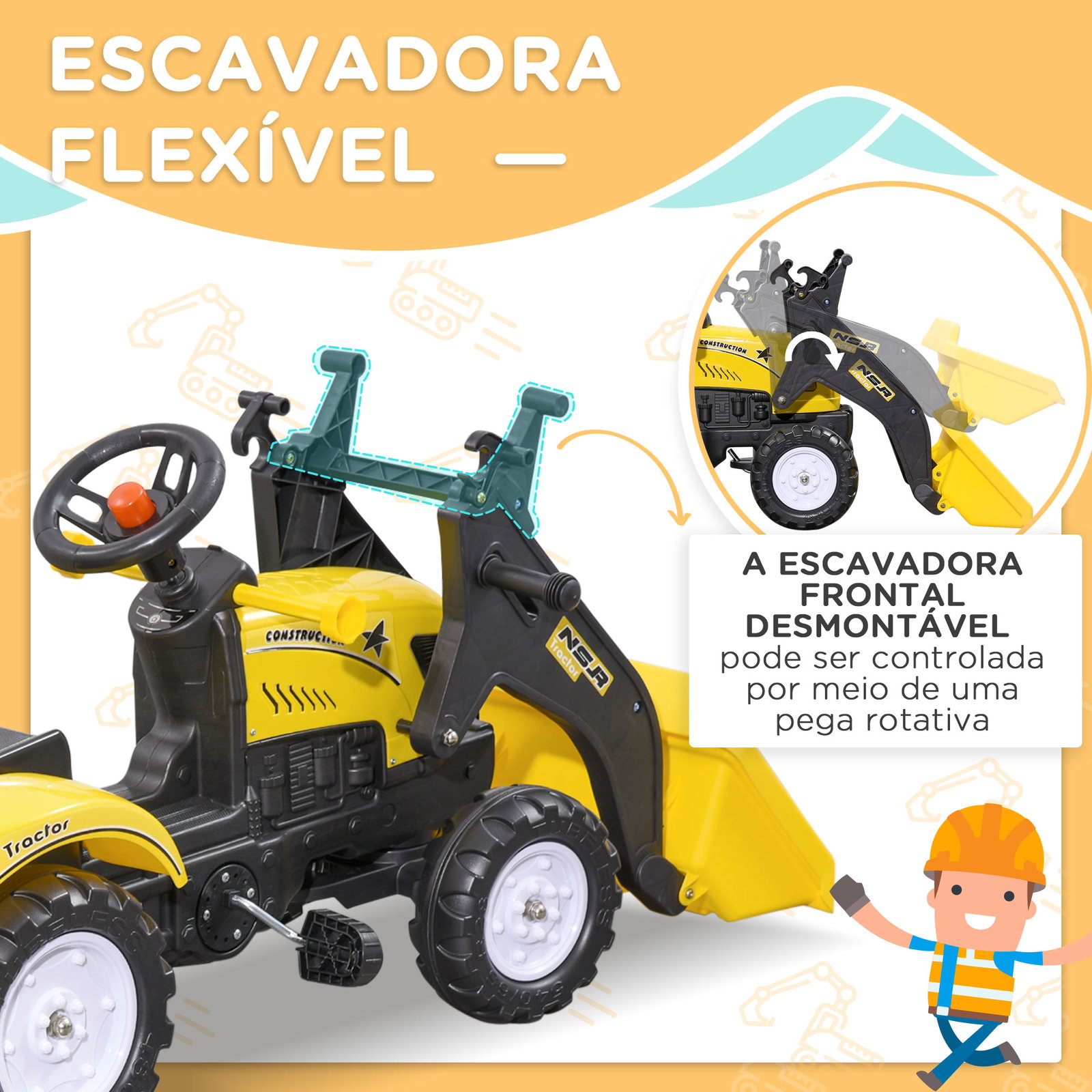 Trator a pedais para crianças acima de 3 anos trator infantil com reboque e pá escavadora 167x41x52 cm amarelo e preto