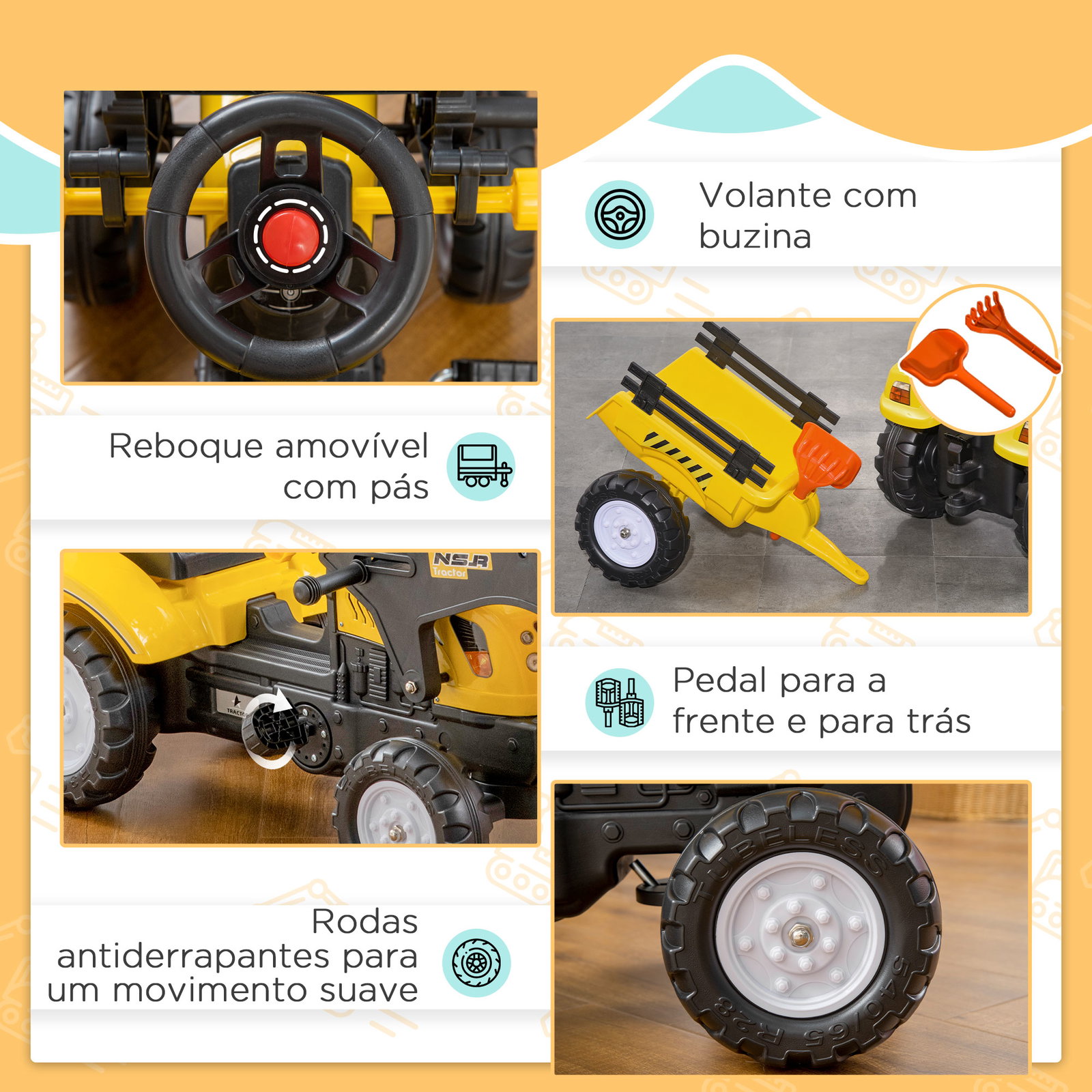 Trator a pedais para crianças acima de 3 anos trator infantil com reboque e pá escavadora 167x41x52 cm amarelo e preto