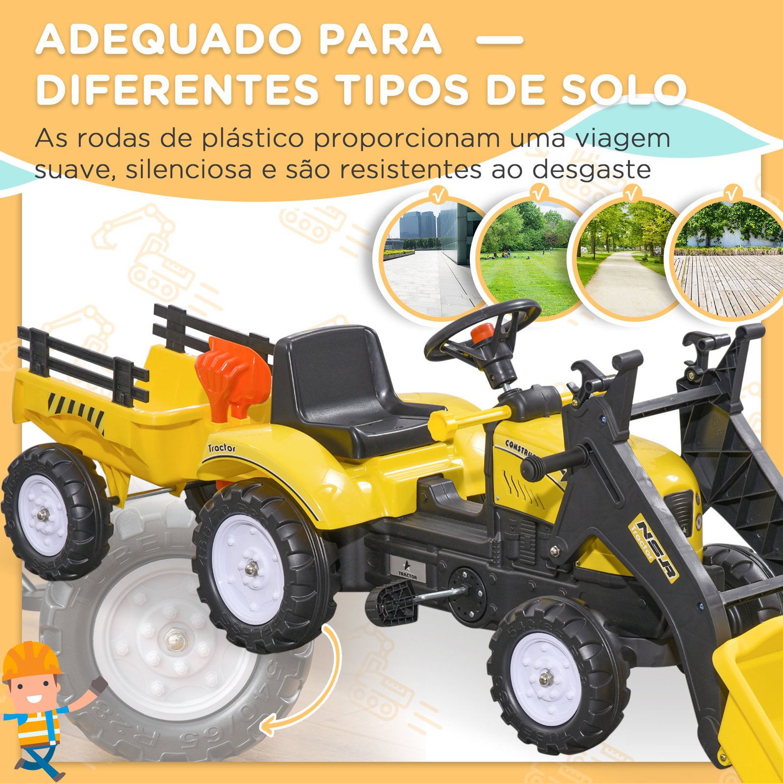 Trator a pedais para crianças acima de 3 anos trator infantil com reboque e pá escavadora 167x41x52 cm amarelo e preto