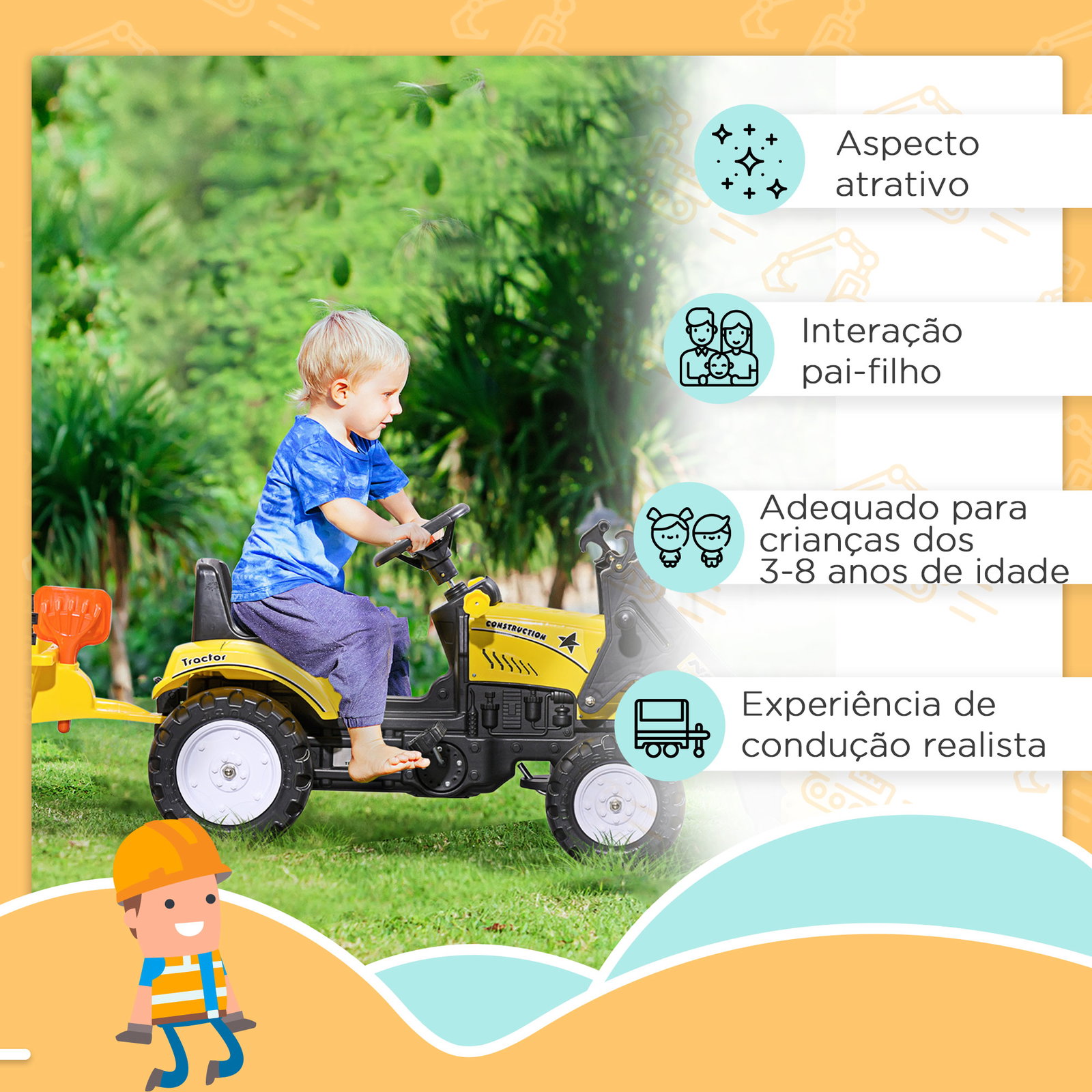 Trator a pedais para crianças acima de 3 anos trator infantil com reboque e pá escavadora 167x41x52 cm amarelo e preto