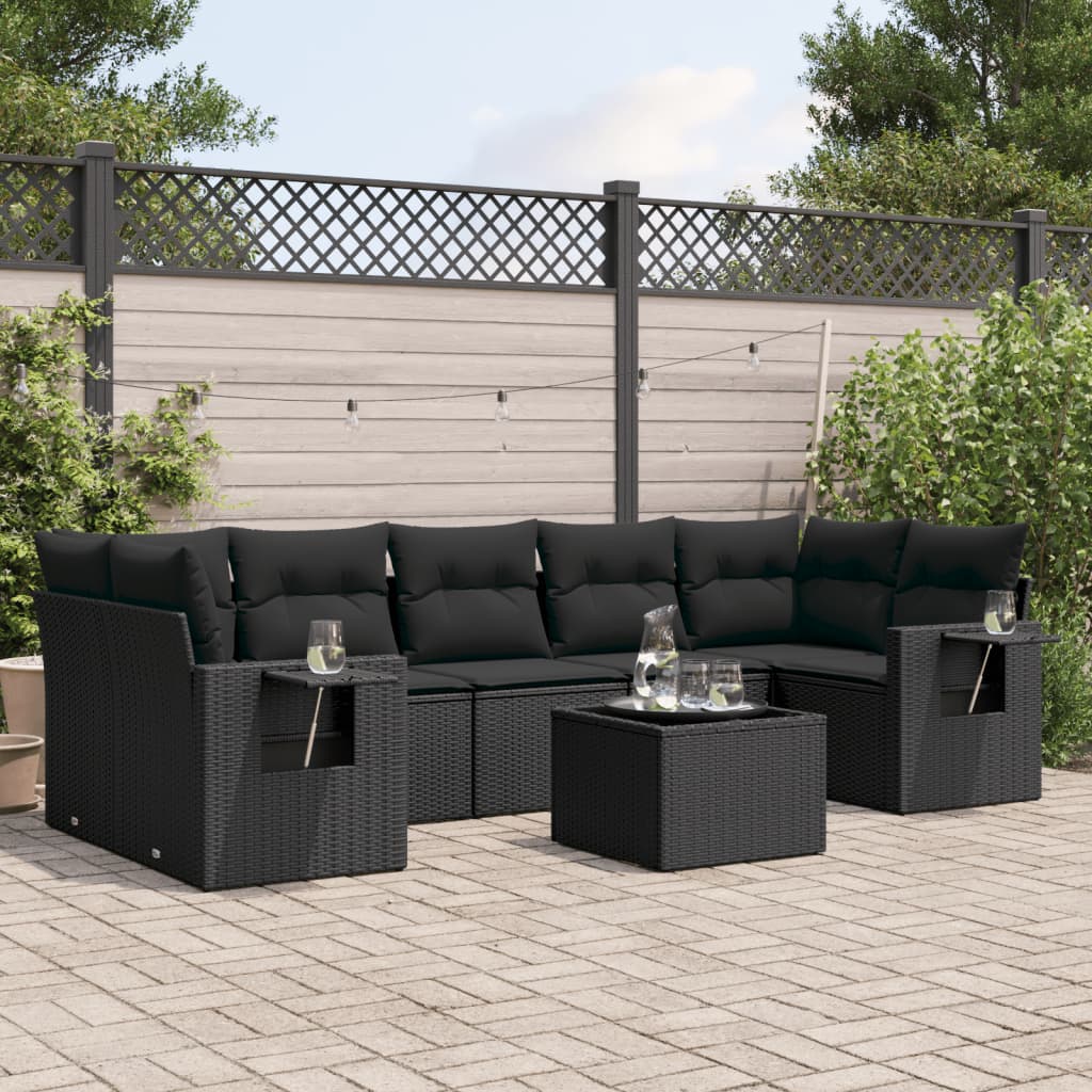 8 Pcs conjunto sofás de jardim com almofadões vime PE preto