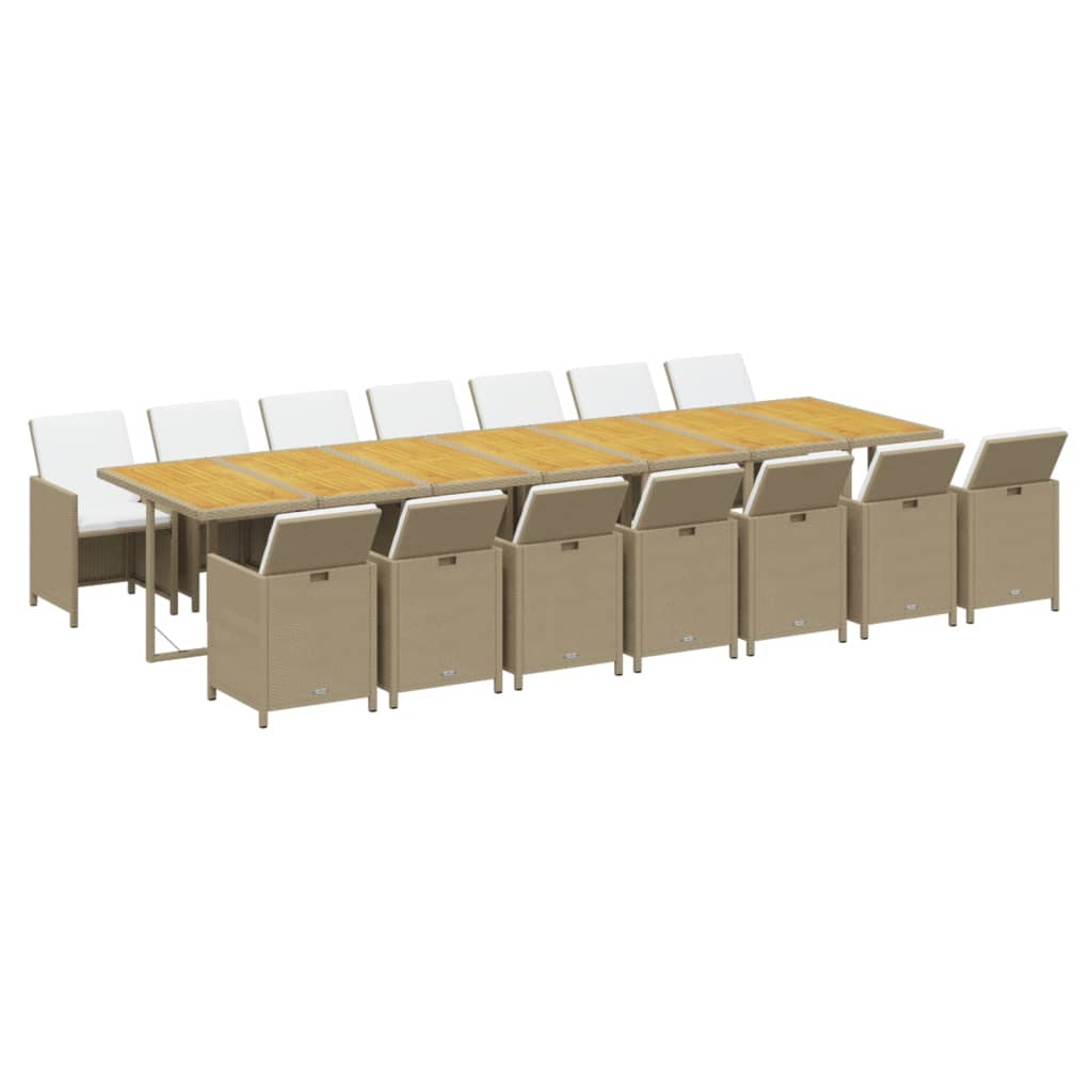 15 Pcs conjunto de jantar p/ jardim com almofadões vime PE bege