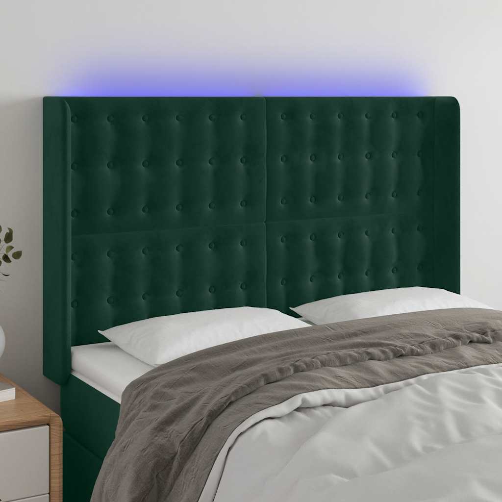 Cabeceira de cama c/ LED veludo 147x16x118/128 cm verde-escuro