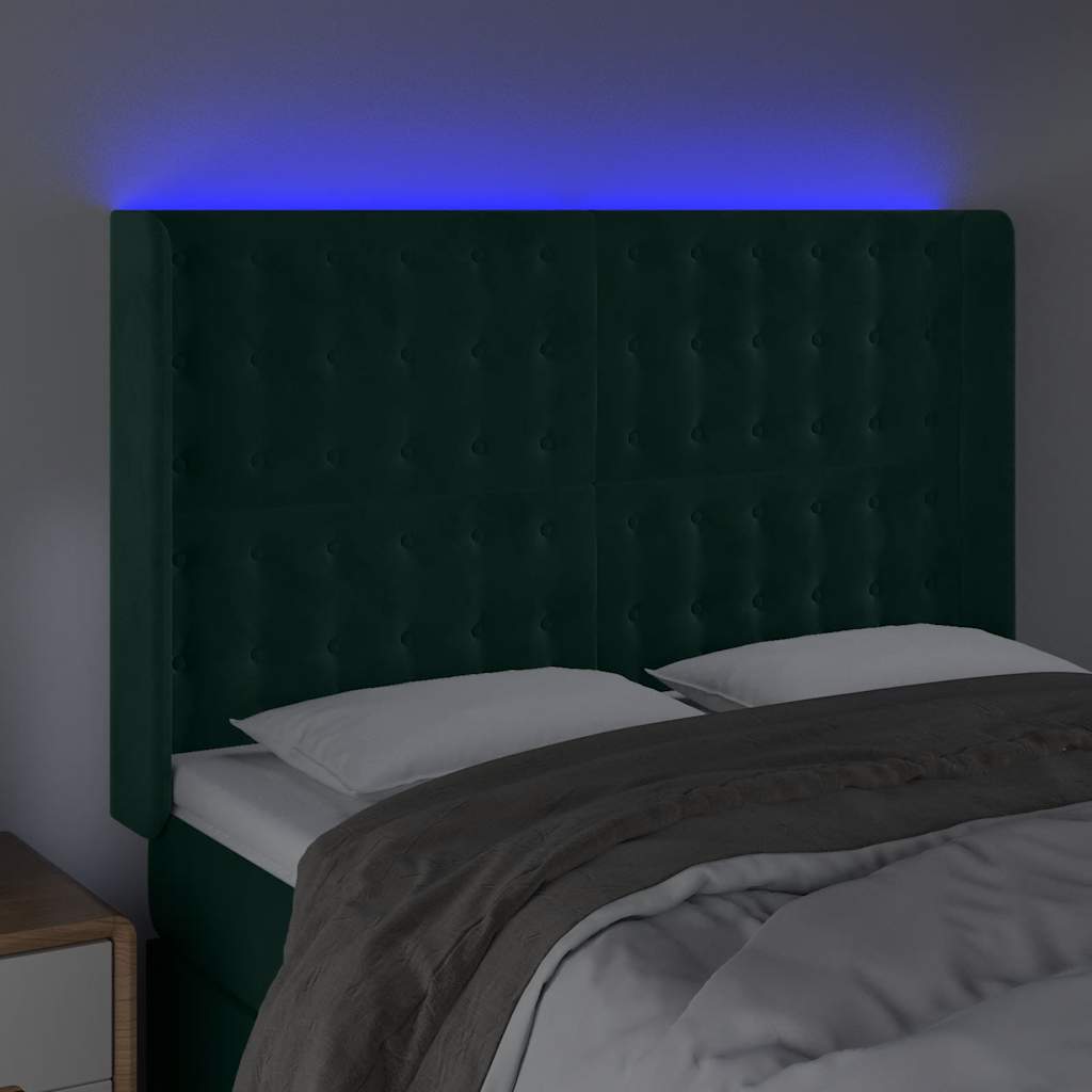 Cabeceira de cama c/ LED veludo 147x16x118/128 cm verde-escuro