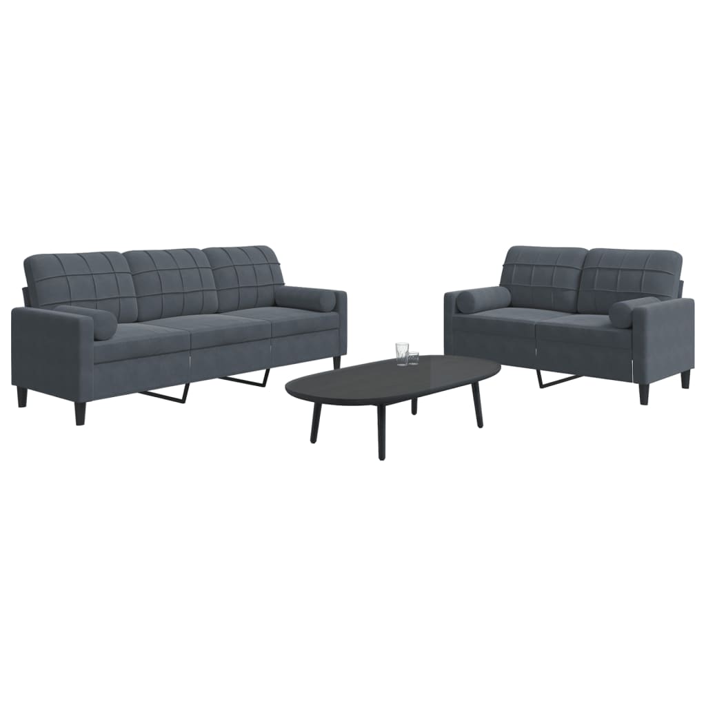 2 Pcs conjunto sofás com almofadões e rolos veludo cinza-escuro