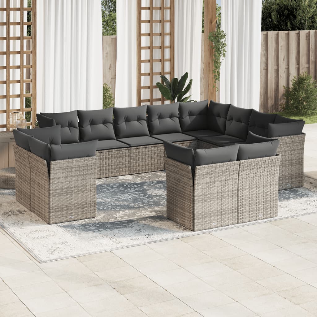12 Pcs conjunto de sofás jardim c/ almofadões vime PE cinzento