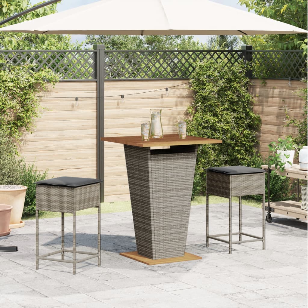 3 Pcs conjunto de bar p/ jardim c/ almofadões vime PE cinzento