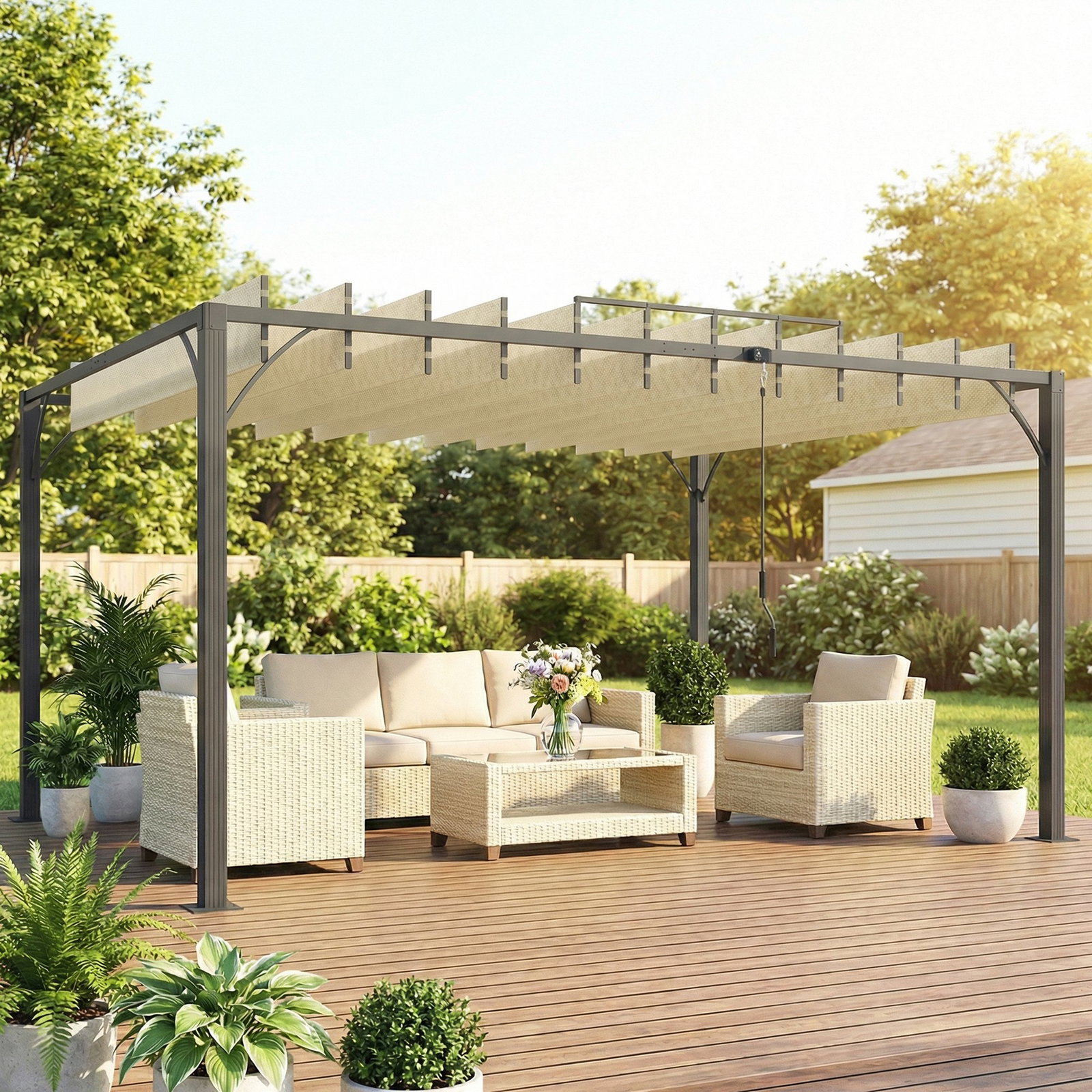 Pérgola 390x2 para jardim com desenho de lâminas superiores giratórias até 135° proteção UV 50+ para pátio terraço creme