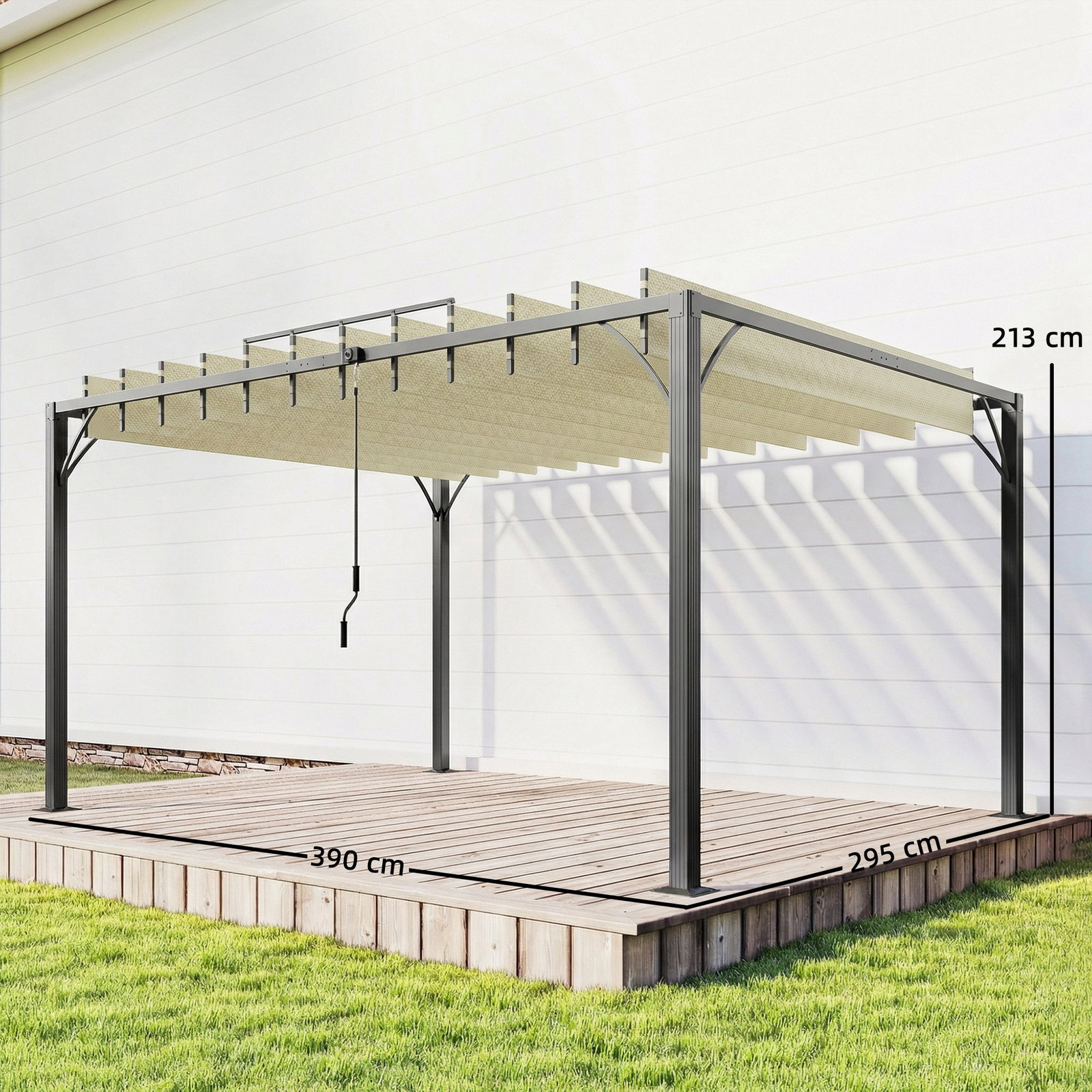 Pérgola 390x2 para jardim com desenho de lâminas superiores giratórias até 135° proteção UV 50+ para pátio terraço creme