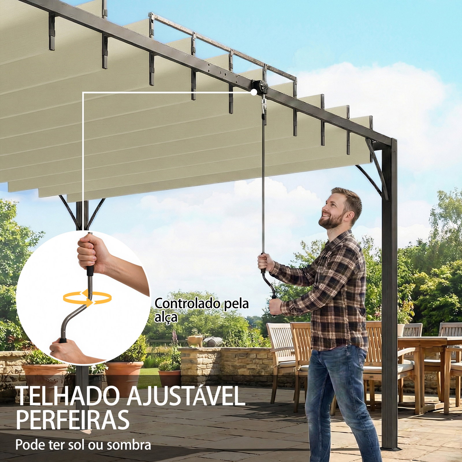Pérgola 390x2 para jardim com desenho de lâminas superiores giratórias até 135° proteção UV 50+ para pátio terraço creme