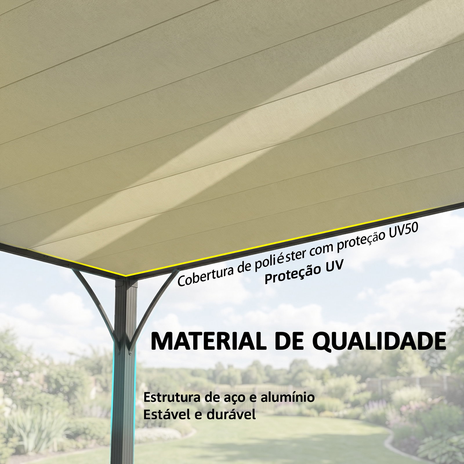 Pérgola 390x2 para jardim com desenho de lâminas superiores giratórias até 135° proteção UV 50+ para pátio terraço creme