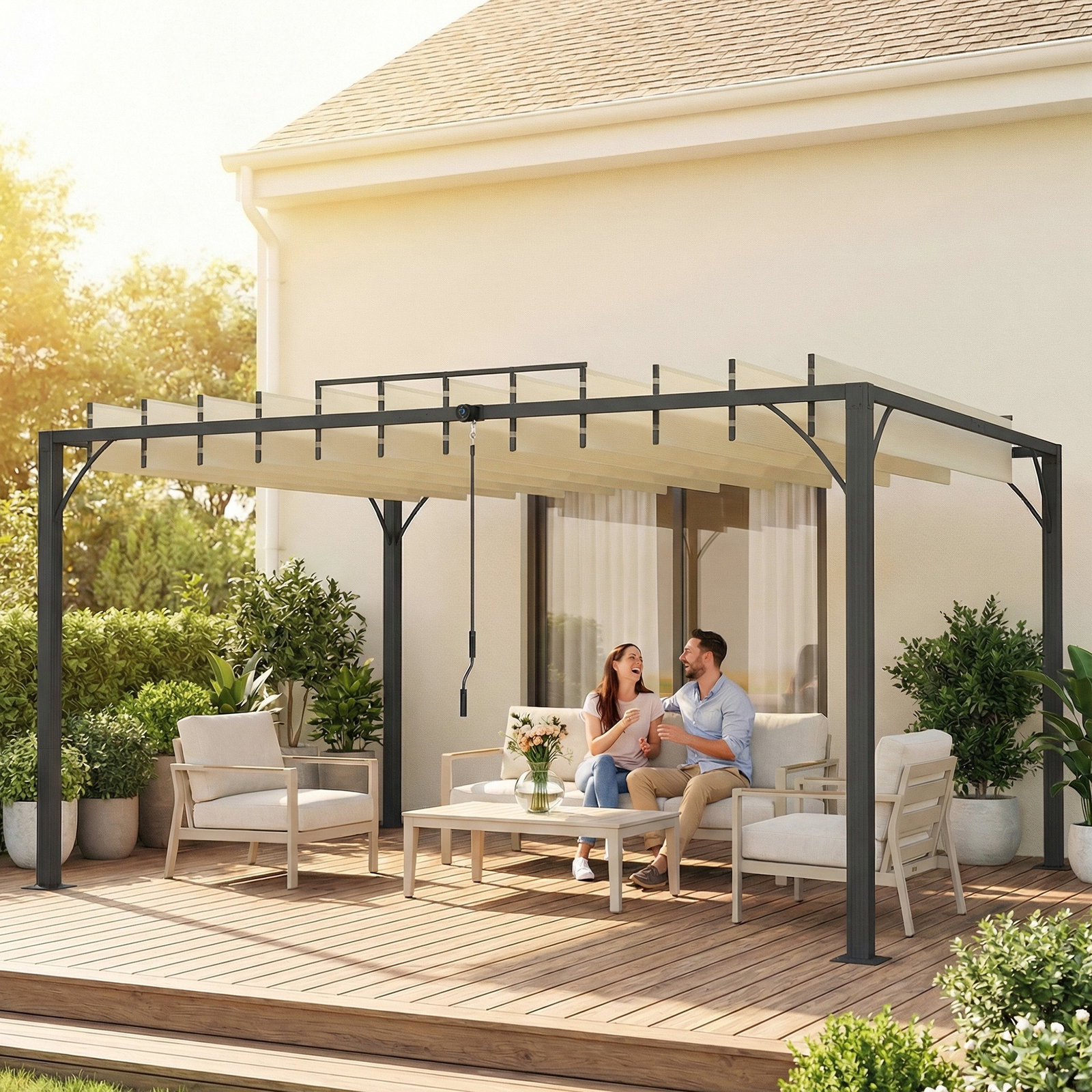 Pérgola 390x2 para jardim com desenho de lâminas superiores giratórias até 135° proteção UV 50+ para pátio terraço creme