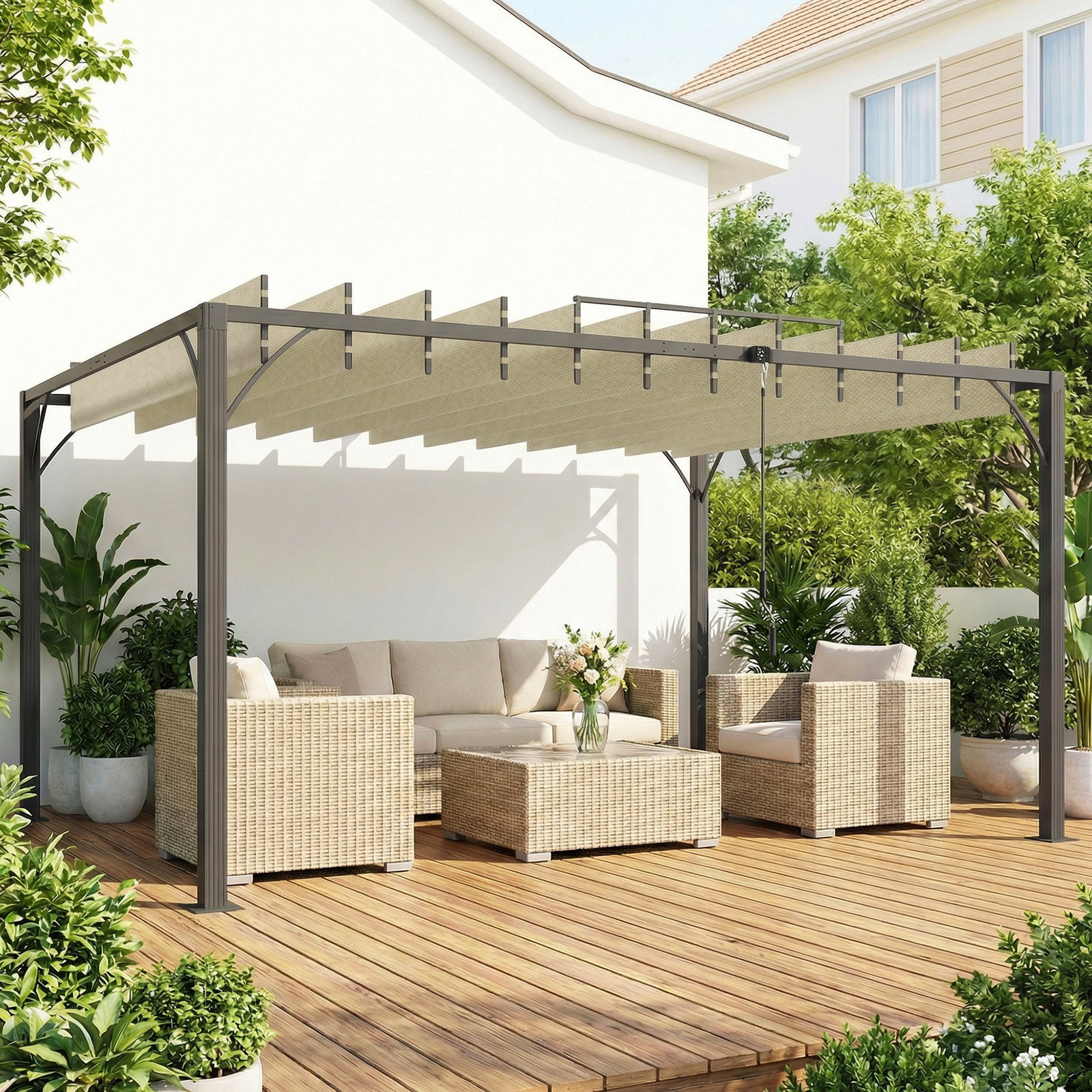 Pérgola 390x2 para jardim com desenho de lâminas superiores giratórias até 135° proteção UV 50+ para pátio terraço creme