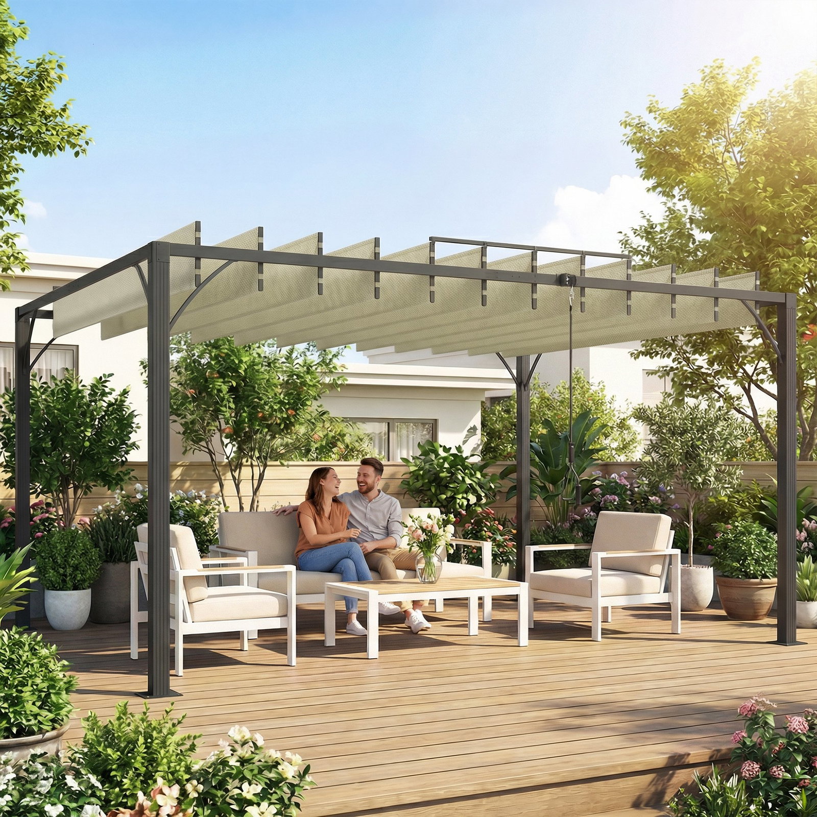 Pérgola 390x2 para jardim com desenho de lâminas superiores giratórias até 135° proteção UV 50+ para pátio terraço creme