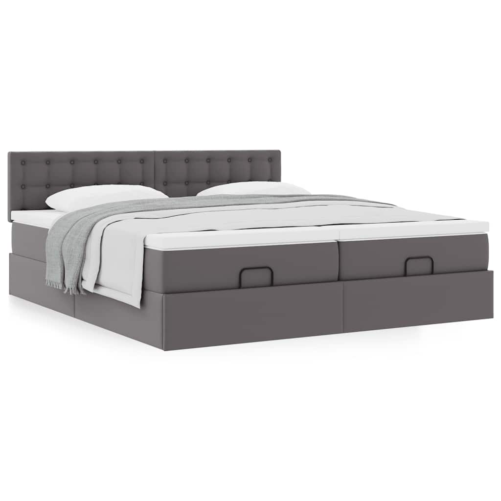 Estrutura de cama otomana com colchão cinza couro falso