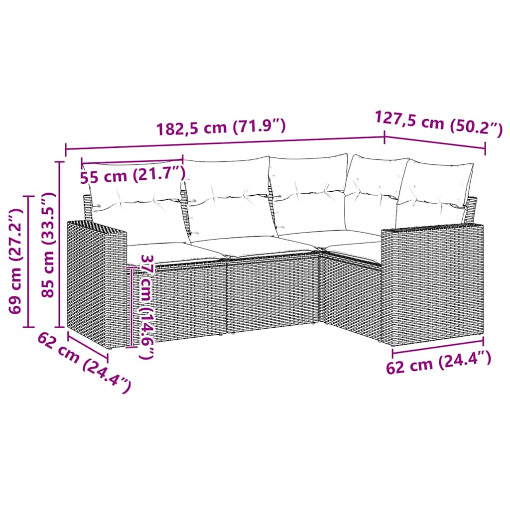 4 Pcs conjunto de sofás para jardim c/ almofadões vime PE preto