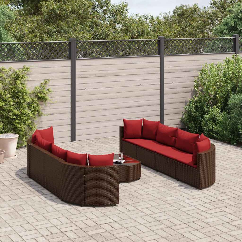 9 Pcs conjunto sofás p/ jardim c/ almofadões vime PE castanho