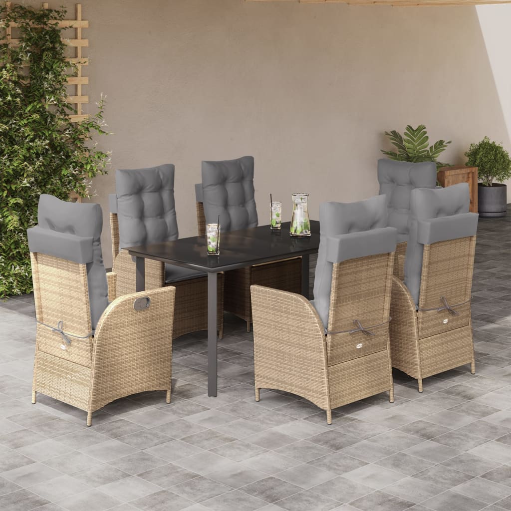 7 Pcs conjunto de jantar p/ jardim com almofadões vime PE bege