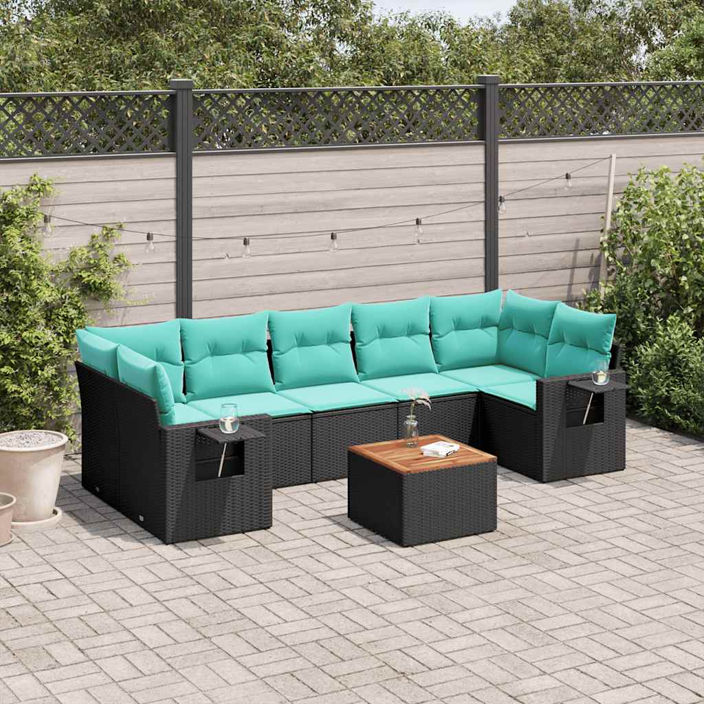 Conjunto de sofá de jardim com 8 peças e almofadas em rattan sintético preto