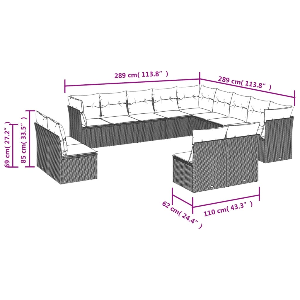 13 Pcs conjunto de sofás de jardim com almofadões vime PE preto