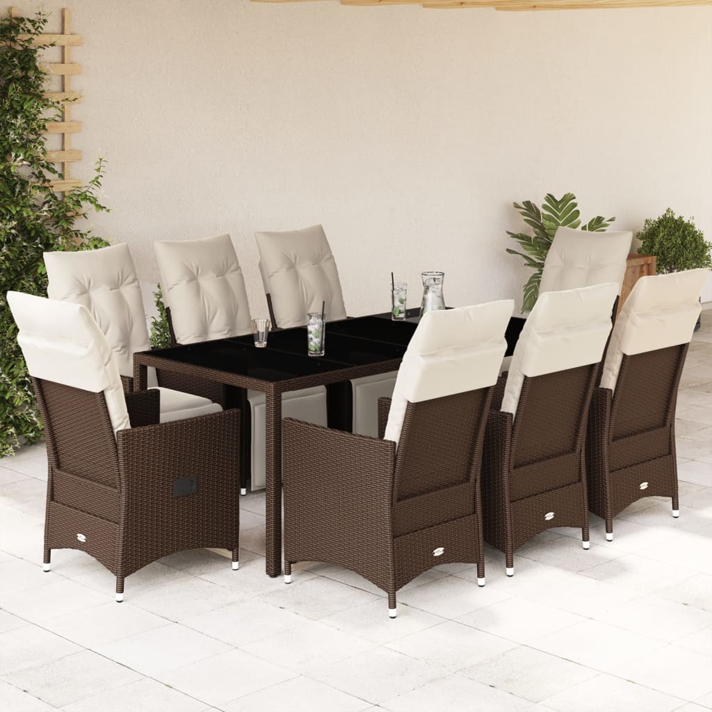9 Pcs conjunto bistrô de jardim c/ almofadões vime PE castanho