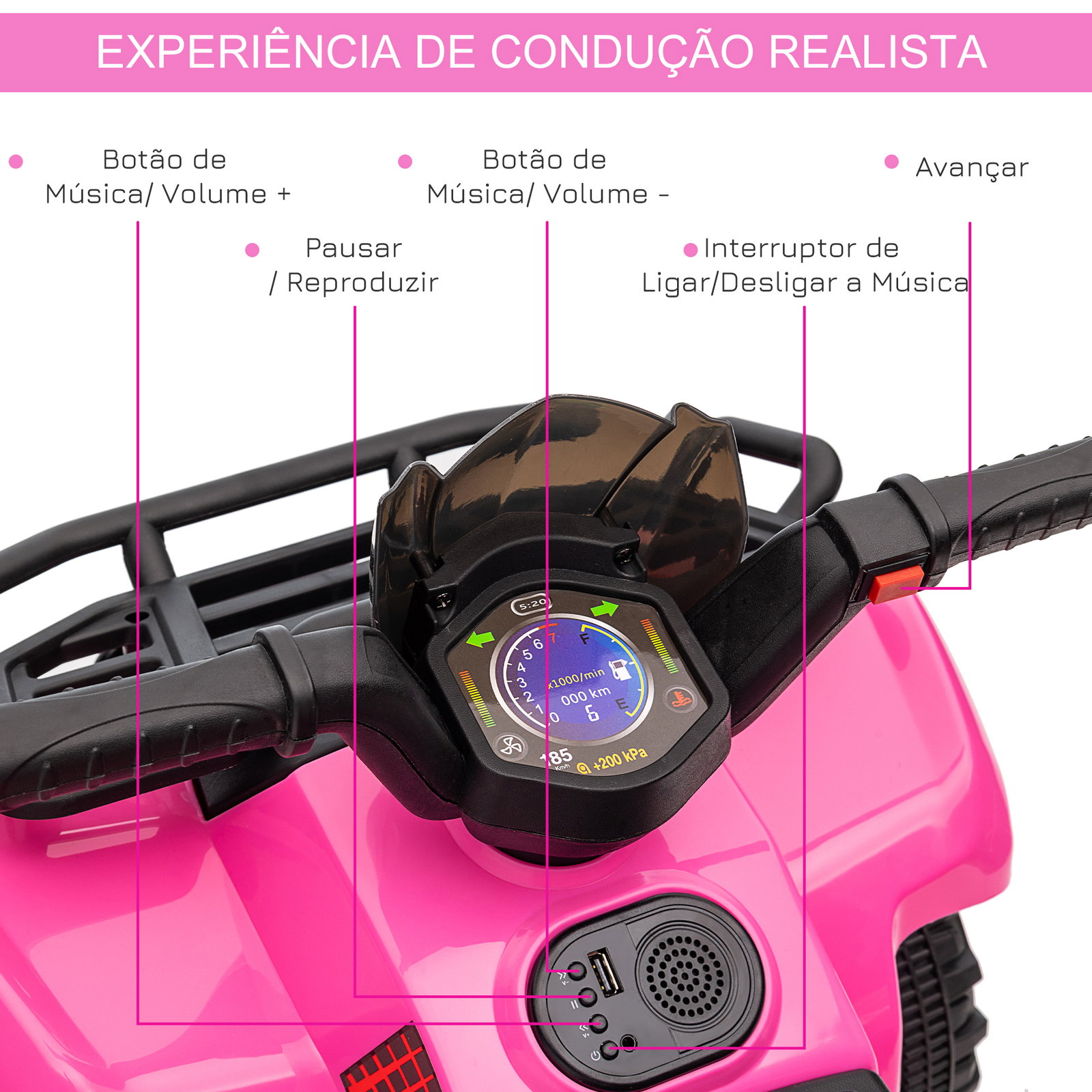 Quadriciclo Elétrico para Crianças Veículo Elétrico a Bateria 6V Infantil com Velocidade 2km/h 70x42x45 cm Rosa