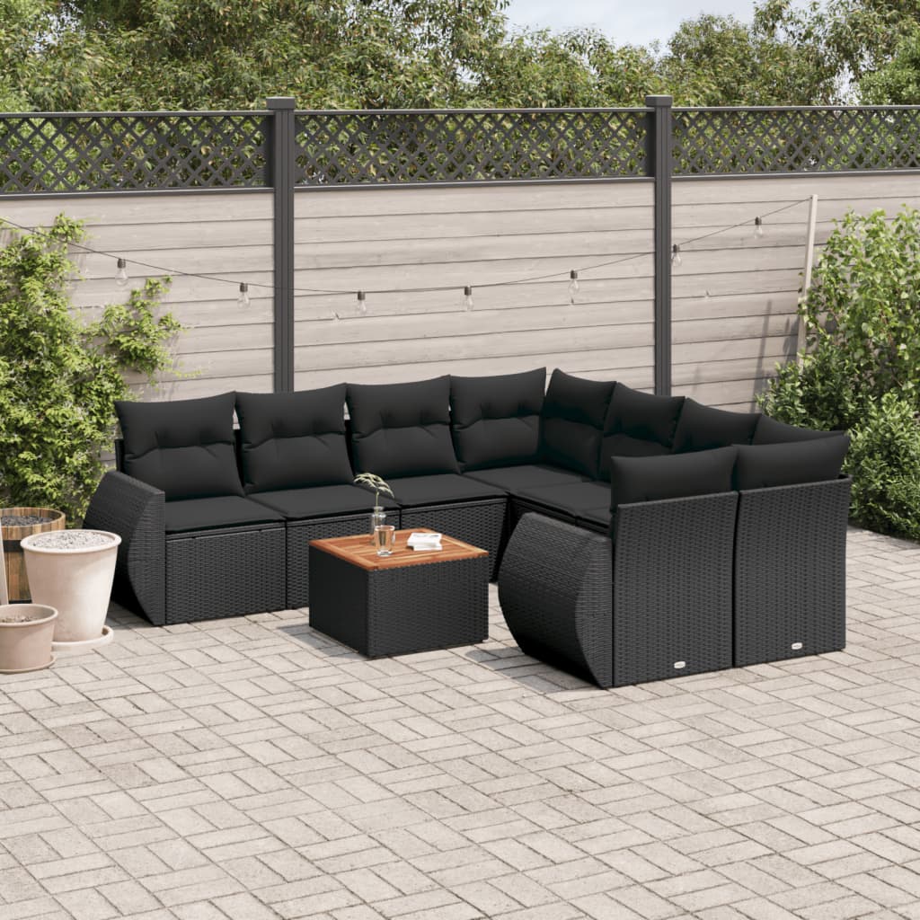 9 Pcs conjunto de sofás p/ jardim c/ almofadões vime PE preto