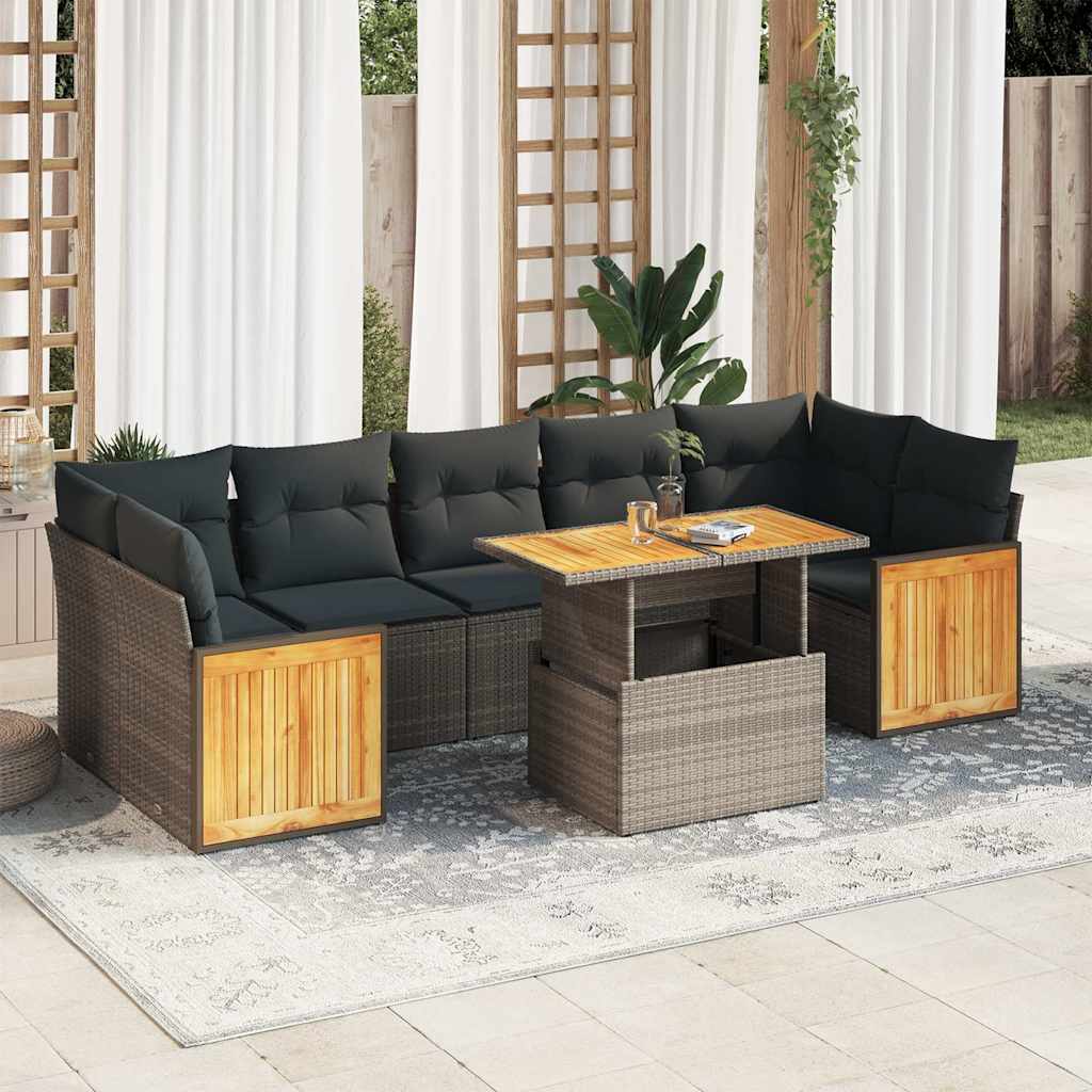 8 Pcs conjunto sofás jardim almofadões vime PE/acácia cinzento