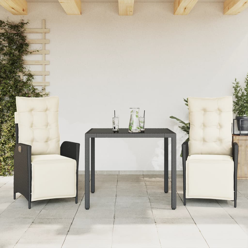 3 Pcs conjunto de jantar p/ jardim c/ almofadões vime PE preto